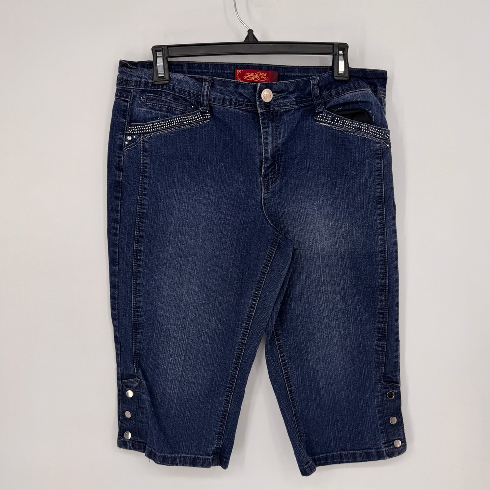 One 5 One Capri Jeans Women 12 Blue Good Rhinestone Embellished Studded Stretch